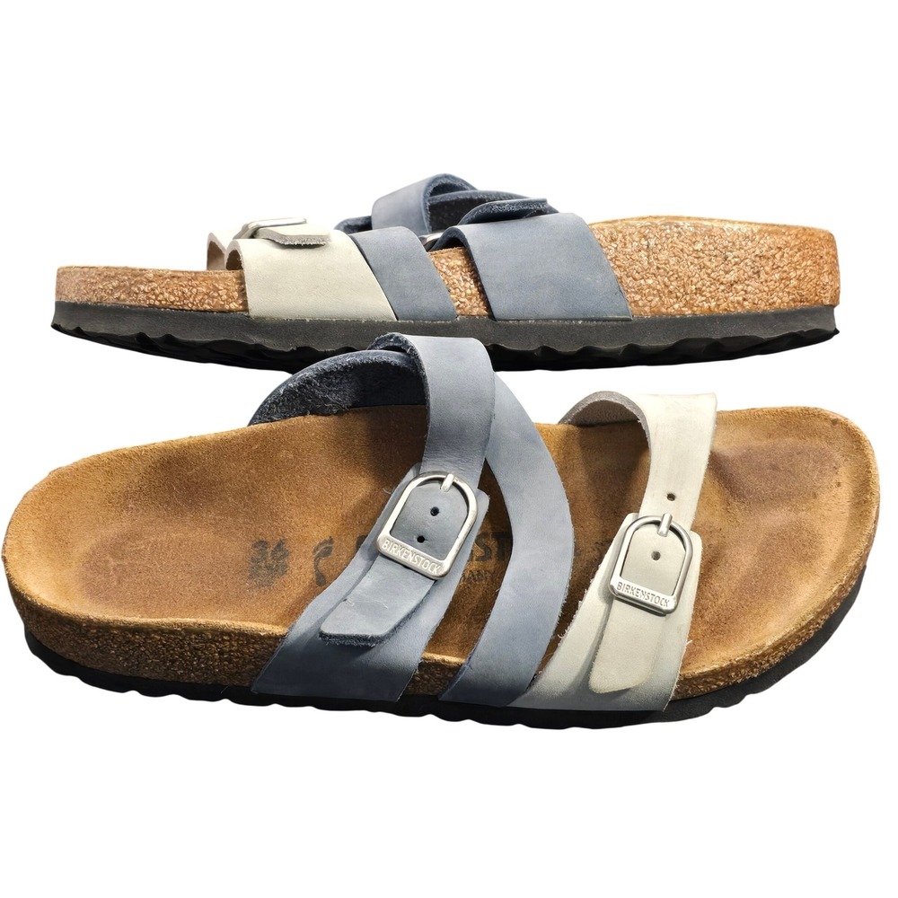Birkenstock Franca Sandals Blue White Leather Buckle Slide Womens 36 EU 5 US - Picture 3 of 16